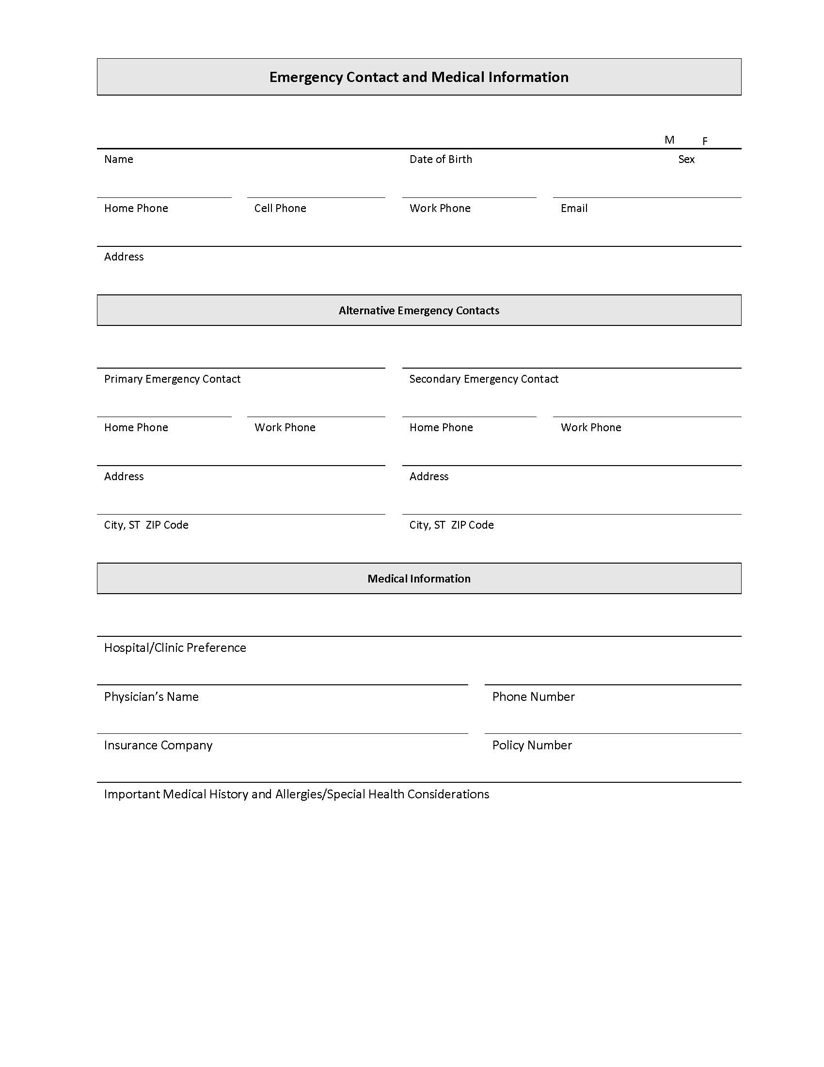 Blank Minor Emergency Contact & Medical Information Form