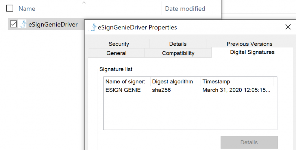 Screenshot displaying the prompt to download the eSign Genie driver