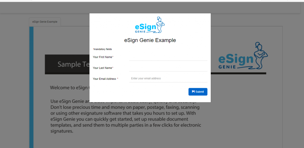 Screenshot displaying an eSign Genie name and email address text box