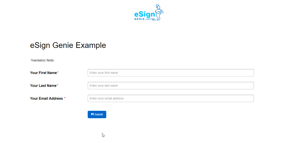 Screenshot displaying an eSign Genie form example with name and email address