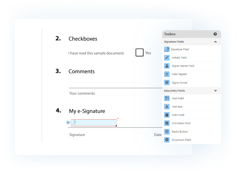 Screenshot displaying toolbox, checkboxes, comments, and my e-signature box