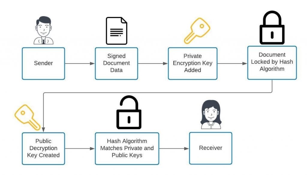 A flow chart showing the digital signature security process; this includes signed document data, private endryption keys, document hash algorithms, and public decryption keys