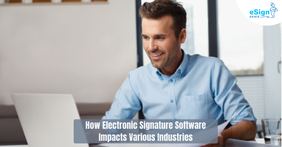 Image showing man looking at a computer. Use our eSign app to eSign documents easily, securely, and in almost any industry! Read more to find out how professionals use eSign Genie!