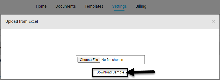 Screenshot displaying the button to download a sample Excel spreadsheet
