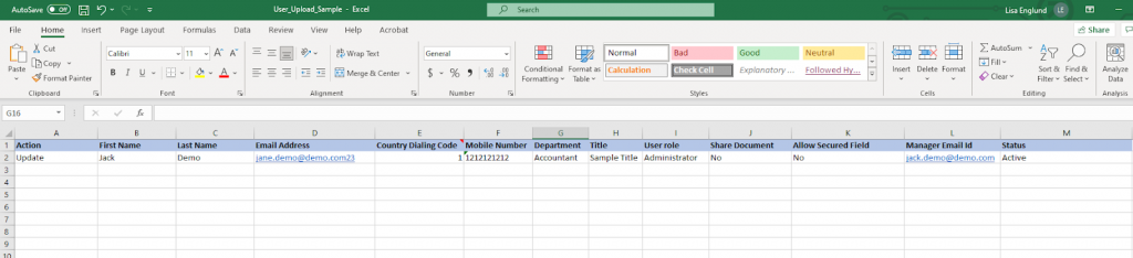 Screenshot displaying a user upload spreadsheet example