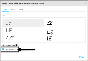 Screenshot displaying the new default initial and signature save feature.