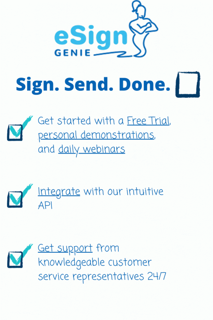 eSign Genie, Sign/Send/Done, Free Trial, Integration, Get Support