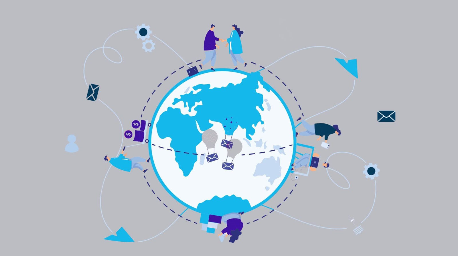 Image displaying a globe and individuals remote working, conducting business, and communicating